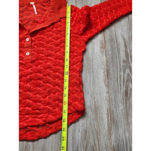 Free People Red Girl Next Door Polo Top Coquette Slim Fit Long Sleeve L Sz S - Picture 8 of 9